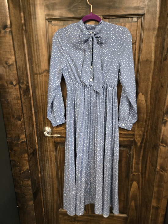 Dresses & Skirts - Blue Polka Dot Tie-Neck Long Sleeve Dress